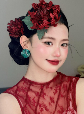 水舞U2355新娘新中式古风红色仿真花侧边夹旗袍盘发造型配饰品