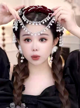 水舞A5307宽边发箍手工编织民族风发饰花朵可拆卸流苏法式头饰