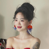 水舞H2078新娘新款 手工红蓝色网状惊艳个性 夸张网红耳钉影楼耳饰