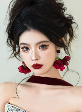 水舞 H2213 新款红色森系大花朵流苏耳环爆款仙气耳钉清新耳饰