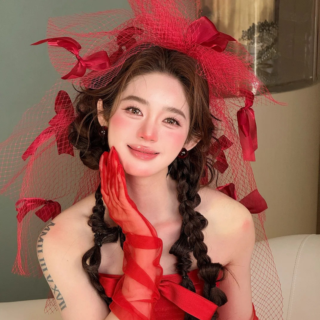 水舞B3112法式复古红色蝴蝶结头纱新娘结婚性感礼服配饰发饰头饰
