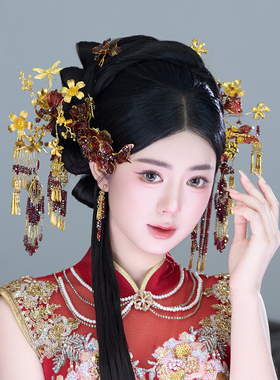 水舞U2385中式古典红色鎏金流苏汉服配饰发钗步摇秀禾新娘头饰