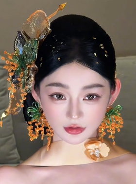 水舞U2396新中式晨袍新娘小众头饰金绿色网纱花朵发簪钉珠发饰