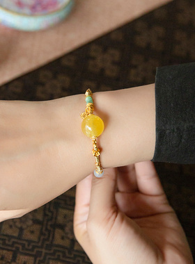 水舞L1286天然俄料蜜蜡圆珠手链辣绿色翡翠A小隔珠翡翠新中式手链