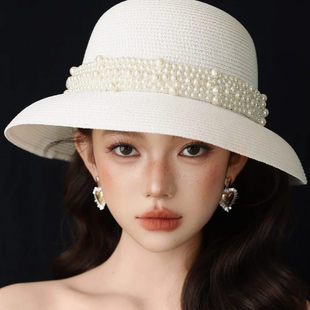 康康老师同款 复古赫本风圆顶珍珠新娘礼帽度假盆帽子 B3131 水舞