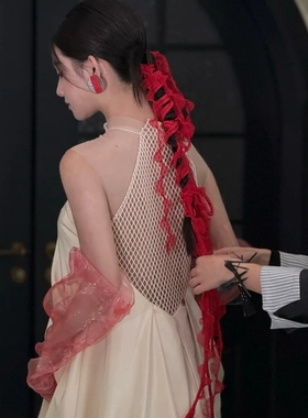 水舞U2073 复古红色蕾丝花边绑绳编发新娘头饰结婚绑发晨袍发饰