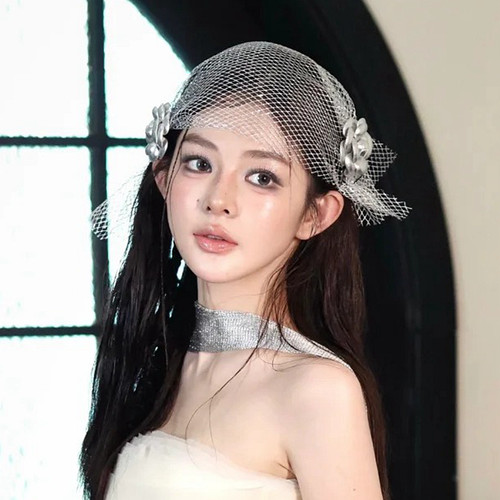 水舞B2898 个性小众银色网纱花朵新娘头饰韩式结婚发饰婚纱配饰