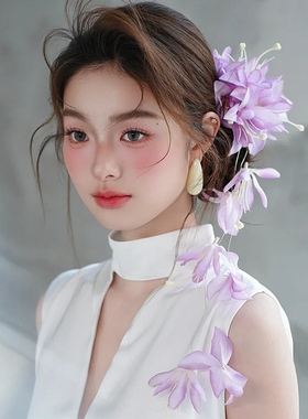 水舞U2183复古淡紫色花朵发簪小众国风编盘发头花新中式汉服头饰