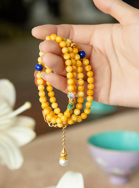 水舞L1261 天然蜜蜡串珠圆珠项链长款设计款南红天然老蜜蜡手链