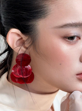 水舞H2210红色个性圆片耳环流苏天然贝壳染色不对称ab耳钉耳饰