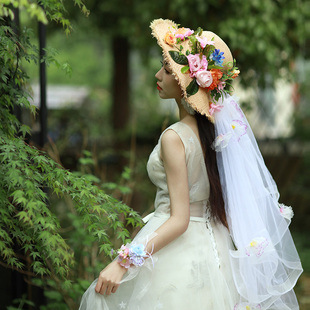 水舞B2795新款花朵沙滩帽度假头纱帽网纱花环蝴蝶结摄影拍照草帽