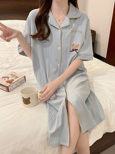 小熊睡衣女款纯棉短袖睡裙女夏季大码宽松可爱长款开衫孕妇家居服