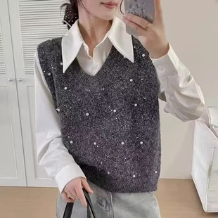 V领钉珠针织马甲女灰色宽松叠穿背心显瘦百搭毛衣坎肩