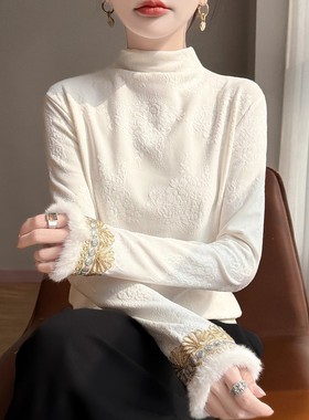 新中式刺绣半高领毛针织衫女长袖加厚打底衫白色气质上衣
