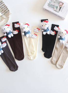 米白色袜子女士秋冬款防臭吸汗中筒袜韩版灰色可爱kt猫咪堆堆长袜
