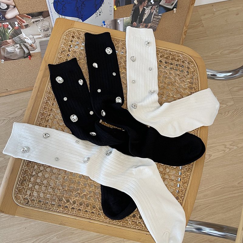 长高筒堆堆棉袜jk水钻女显瘦黑白