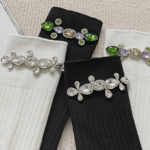 春秋日系长筒袜纯棉黑白堆堆袜及膝袜手工镶钻秋冬长款 纯色小腿袜