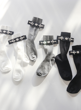 灰色小腿袜子女春秋款纯棉黑色瘦腿长筒袜配小皮鞋蝴蝶结水钻长袜