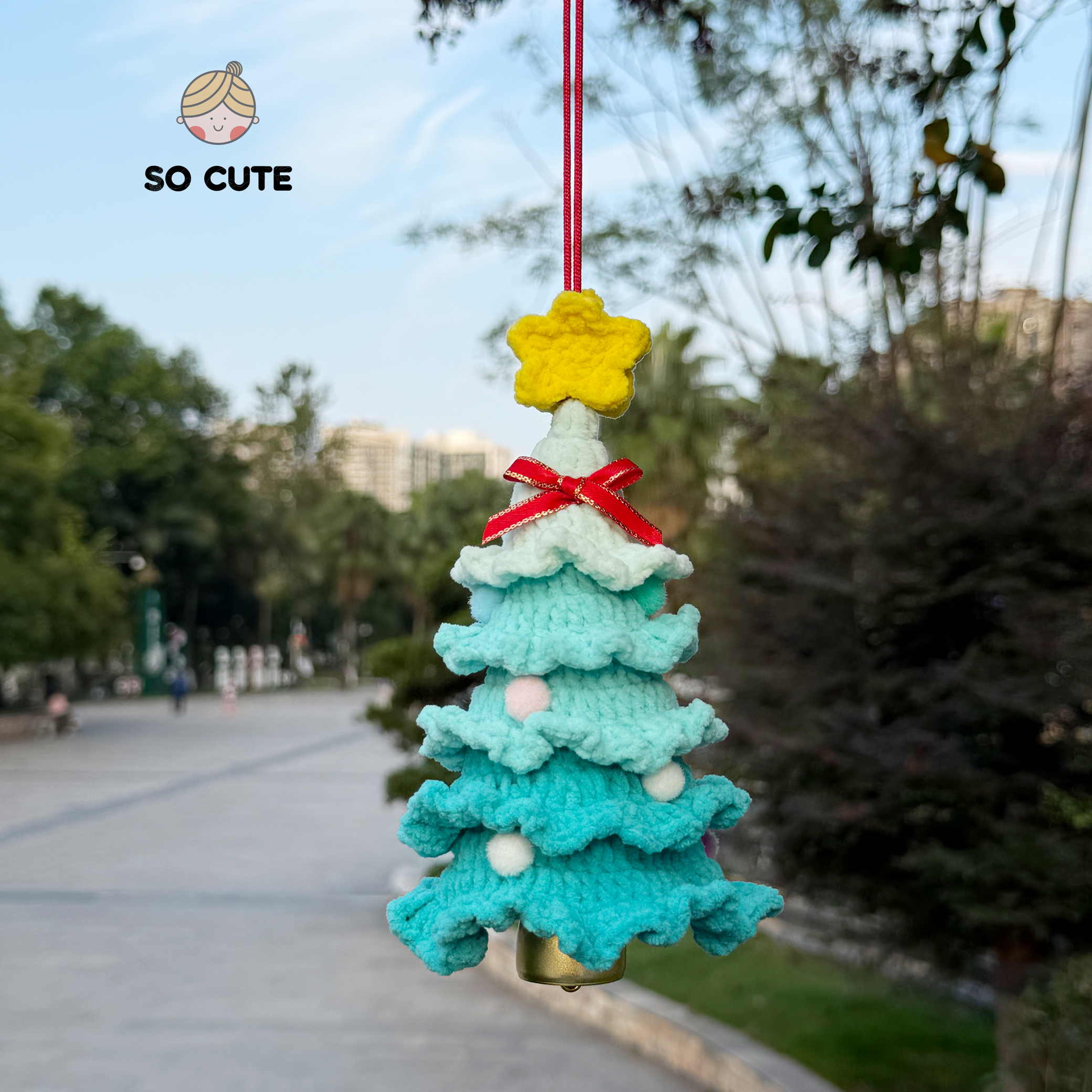 socute 纯手工圣诞树风铃挂件车挂毛线钩织后视镜挂饰汽车挂件