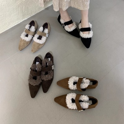 复古毛毛玛丽珍鞋女尖头一字扣