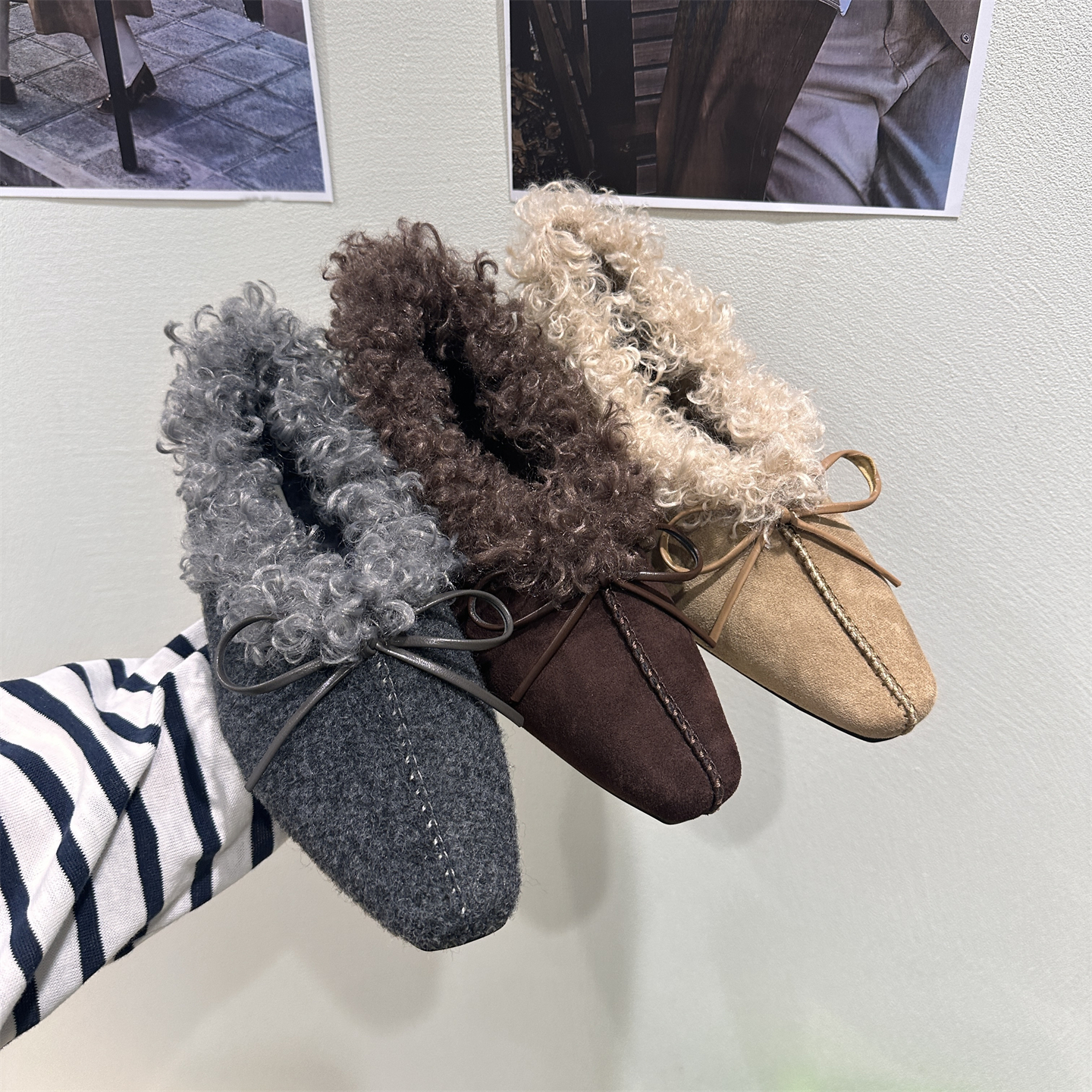 内增高方头灰色毛毛鞋单鞋女鞋子