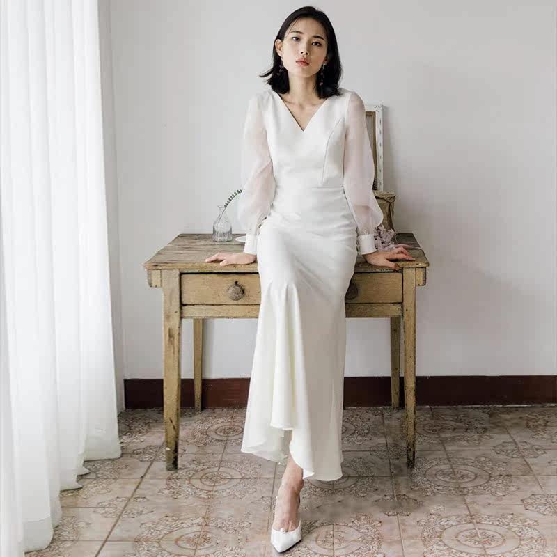 星空婚纱 亮晶晶8新款新娘白色简约复古礼服长袖缎面森系出门纱旅|ruв категории Женская одежда, Cвадебные платья, платье/вечернее платье - от Buy2taobao.com для оказания профессиональной услуги покупки агента Taobao