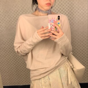 岛知道《卷耳兔》初秋奶茶粉一字肩针织衫羊毛柔感显白上衣