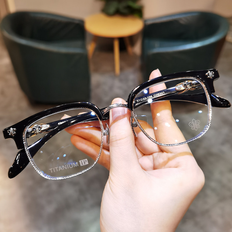 简丹雕花复古半框钛架防蓝光镜男女超轻百搭商务眼镜可配近视变色