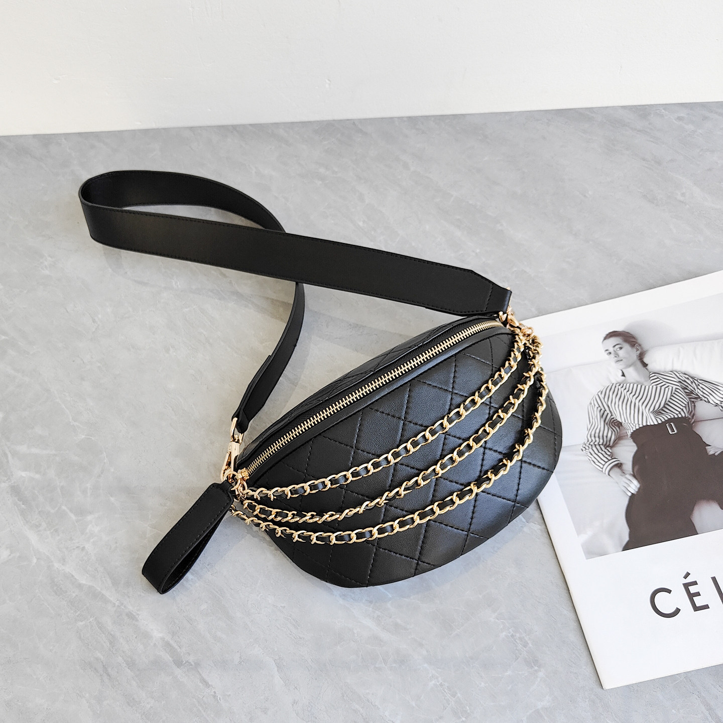 小香风羊皮宽肩带胸包女百搭真皮菱格链条包休闲斜挎包大容量腰包