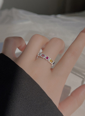 夏季彩虹锆石细戒指女甜酷风时尚辣妹爱心宝石指环小众设计感手饰