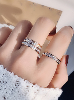 港风戒指情侣男女简约学生双单排方钻日韩尾戒食指时尚潮人中指环