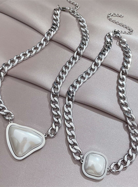 钛钢饰品 长款白色圆珠链女式几何型欧美风嘻哈爱心方形金属项链