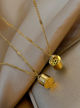 祥云福字印章吊坠女复古个性独特设计小众锁骨项链钛钢民族风饰品