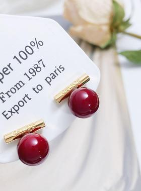 柏莎丽雅 cel气质平衡木樱桃红珍珠耳钉s925银针韩版时尚百搭耳环