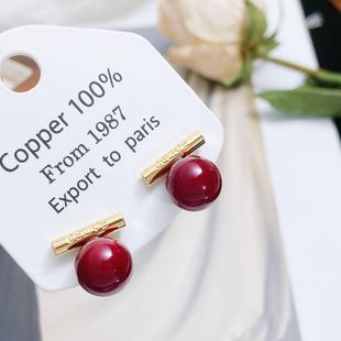 百搭耳环 时尚 柏莎丽雅 cel气质平衡木樱桃红珍珠耳钉s925银针韩版