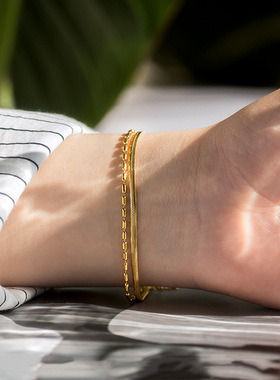 百搭钛钢手链ins小众设计冷淡轻奢18k金色精致手饰闺蜜日式双层