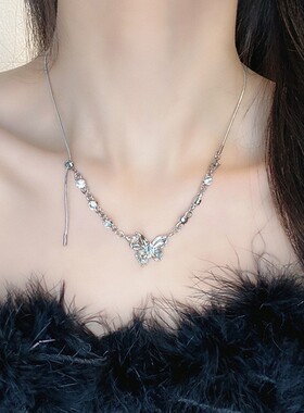 冷淡风抽拉式蝴蝶项链女小众设计感锆石锁骨链百搭高级感颈链项饰