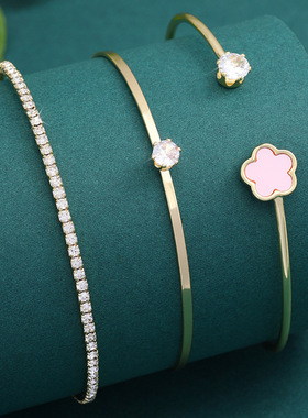 新款五瓣花开口手镯三件套欧美外贸wish热卖五叶草手环套装