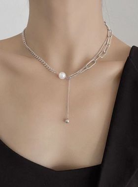 珍珠链条流苏拼接项链女小众不对称锁骨链冷淡风个性简约百搭颈链