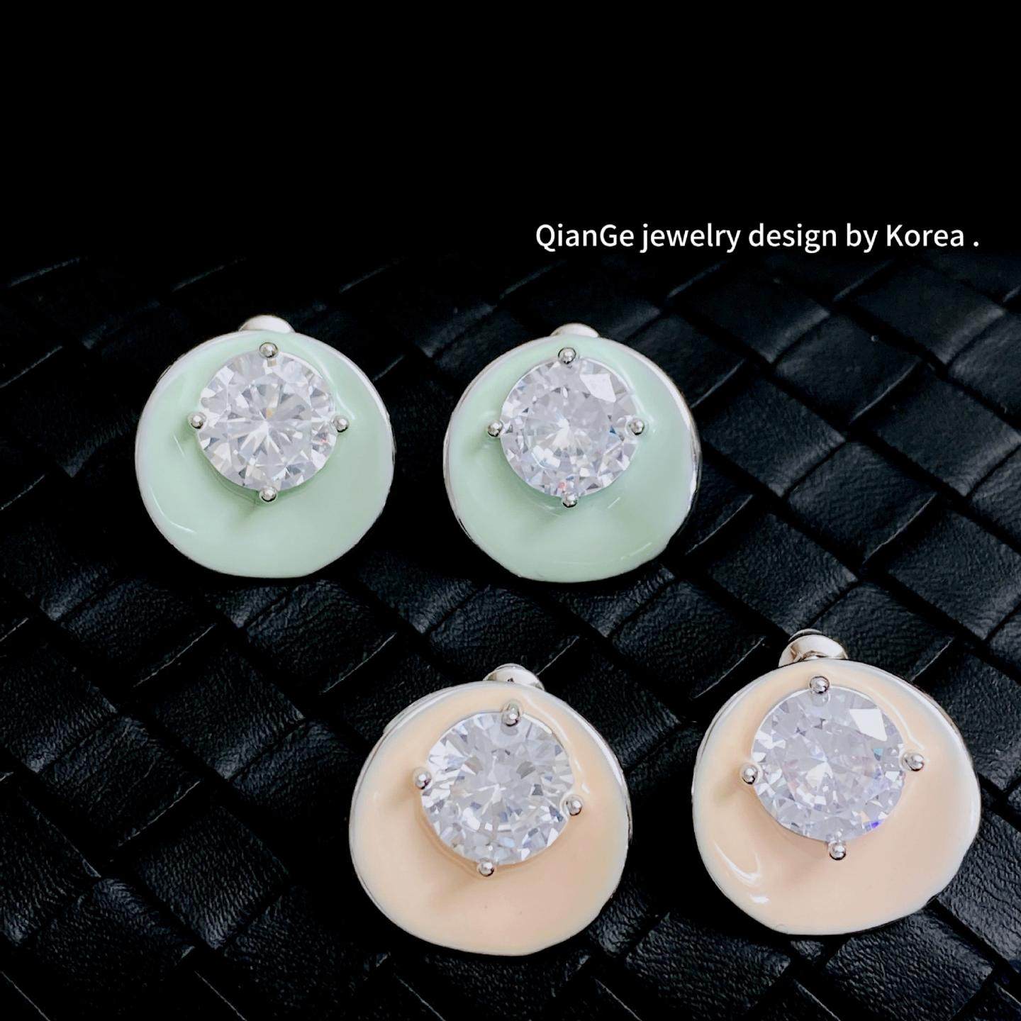 夏日清新滴釉闪钻圆形耳钉女 s925银针ins小众马卡龙色设计感耳环