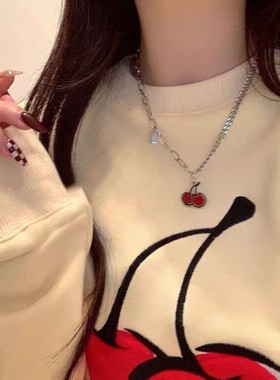 甜美百搭红色樱桃项链女轻奢小众高级感钛钢拼接锁骨链简约饰品