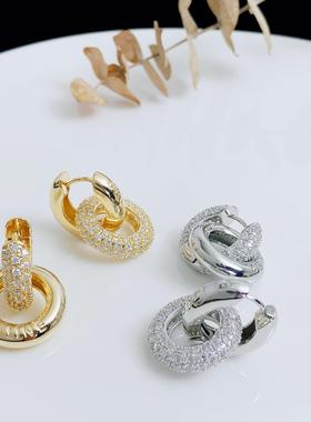 轻奢微镶锆石圆形拼接不对称耳扣 CEL时尚气质设计感冷淡风耳环女