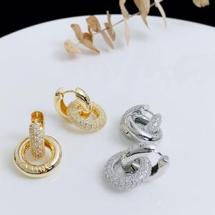 轻奢微镶锆石圆形拼接不对称耳扣 气质设计感冷淡风耳环女 CEL时尚