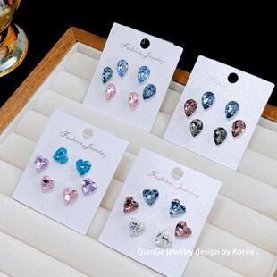 卡娜米娜 高级感爱心水滴形水晶一卡三对耳钉女 时尚轻奢气质耳环