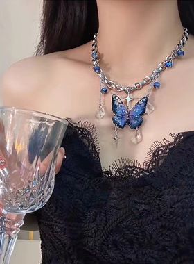 蓝色蝴蝶流苏项链ins风小众设计夏季潮y2k新款链条辣妹锁骨链女款
