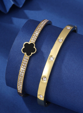 欧美热卖镶钻单颗五瓣花手镯两件套五叶草手环套装源头工厂