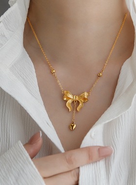 高品质 古法沙金镀18K金蝴蝶结钛钢项链女锁骨链颈链不掉色民族风