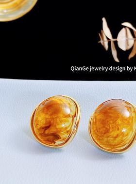 法式复古琥珀球面耳钉 s925银针cel秋冬新款气质简约高级感耳环女