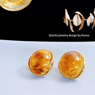 气质简约高级感耳环女 s925银针cel秋冬新款 法式 复古琥珀球面耳钉