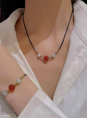 红玛瑙珠情侣编织手绳男吊坠小众设计简约男女同款送伴侣项链